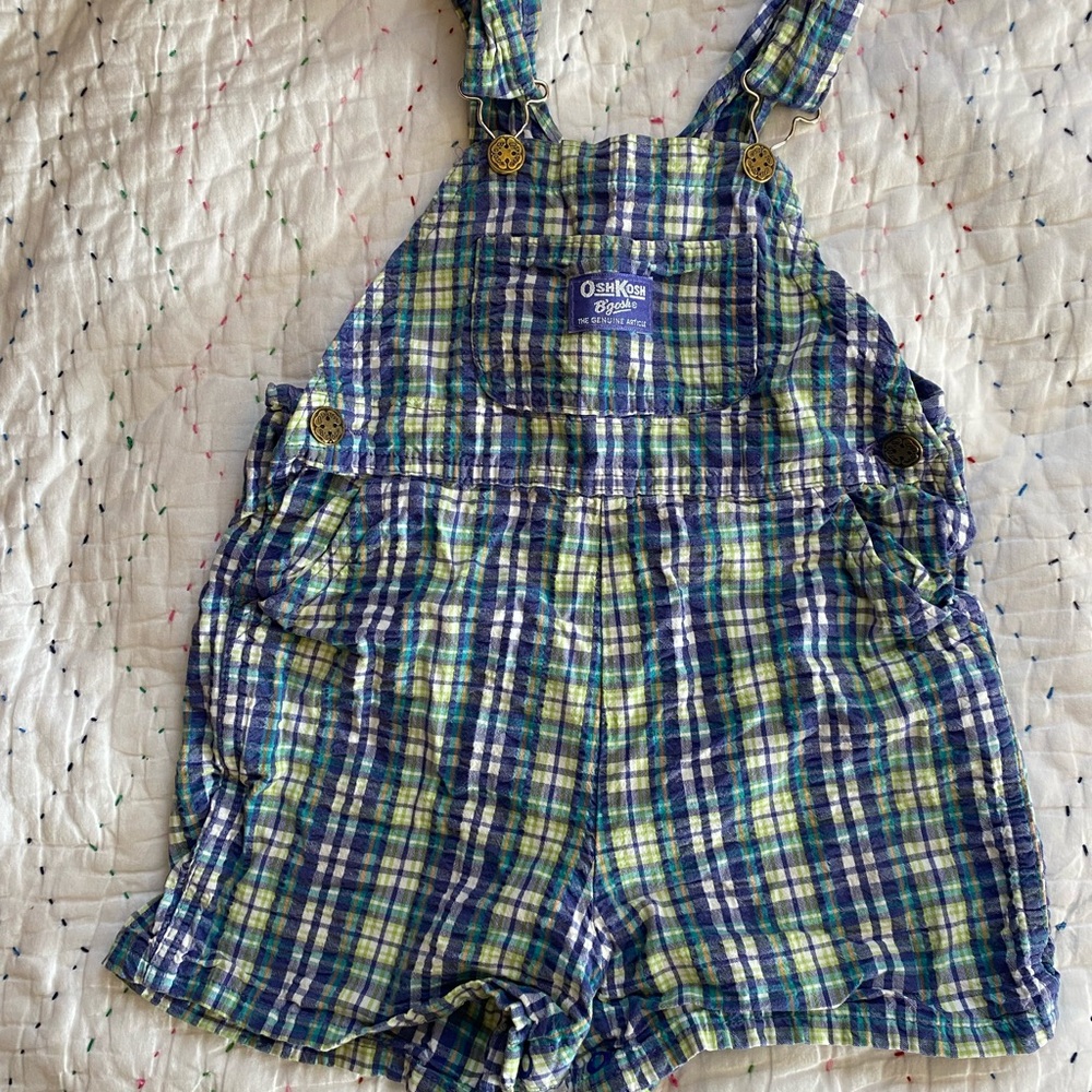 OshKosh B'gosh Blue & Green Plaid Short Overalls